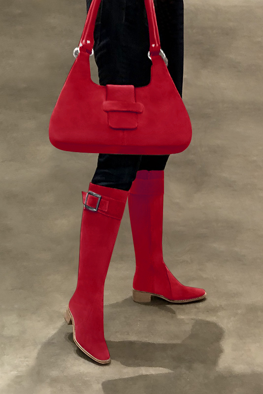 Cardinal red women's riding knee-high boots. Round toe. Low leather soles. Made to measure. Top view - Florence KOOIJMAN